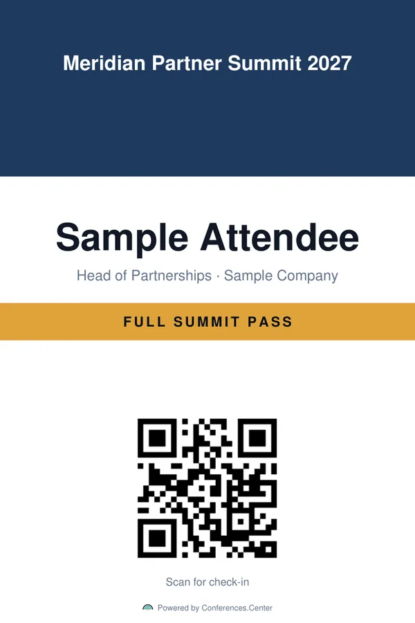 Sample printed badge: attendee name, job title and company, ticket type band and a QR code for check-in