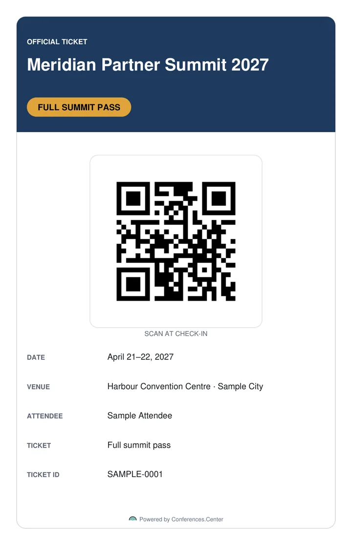 Sample branded ticket for a fictional event, Meridian Partner Summit 2027, with a QR code for check-in